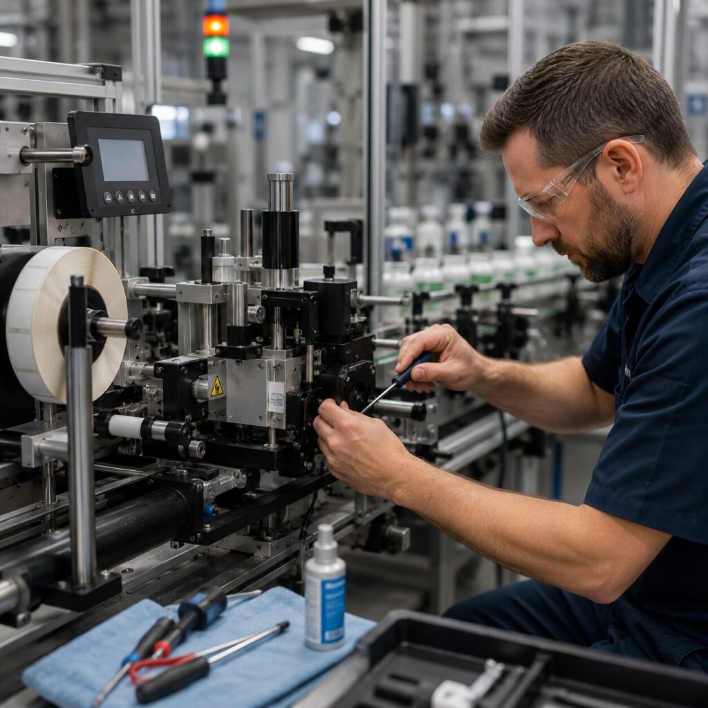 Label equipment technician repairing machine